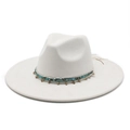 Detail of white fedora hat featuring bohemian beads and silver metal accents - Milk White Suede