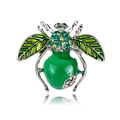 Broche scarabée exquise en émail vert et strass brillants sur monture argentée - Scarabée Vert Ailes de Feuilles (AL1252-A)