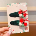 Set of two festive green velvet hair clips with red bows and plush balls on card - Green Hairball Clip 983 / 2 Pcs/Set
