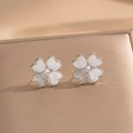 Silver clover stud earrings with white inlay and pavé zircon settings for women - Silver White Shell Clover Studs (238)