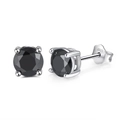 Macro detail of S925 sterling silver four-prong earrings with round black gemstones - Silver Black Stone Studs (SE84-B)