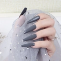 Detail of glossy dark grey extra-long coffin press-on nails with UV finish - Dark Gray (CBLL-24)