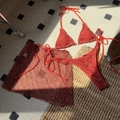 Detailed macro of three-piece crochet mesh bikini set in brick red with textured knit - Brick Red