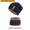 Winter navy blue knit beanie and neck warmer set with thick fleece lining for men - Hat + Neck Warmer / Adult Navy Blue Set