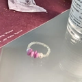 Pink and purple stone bead ring with white pearls on a reflective gray surface - Pink Purple Handmade Beaded Ring (J4237)