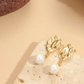 Retro gold textured hollow heart earrings with elegant white pearl drops for women - Geometric Disk Pearl