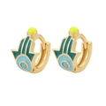 Detail view of golden Hamsa Hand earrings with evil eye enamel and yellow bead accents - Dark Green (E750-1)
