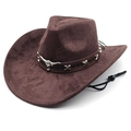 Dark brown suede western cowboy hat with silver bull head buckle and adjustable chin strap - M(56-58cm) / Chestnut
