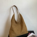 Brown faux suede hobo shoulder bag with spacious design and matching leather strap - With Inner Bag / Brown