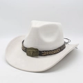 Detail of white suede cowboy hat featuring brown leather band and bull head metal buckle - M (56-59cm) / Cream
