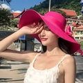 Rose pink wide-brim straw sun hat with matching bow decoration for summer beach travel - One Size / Solid Rose Red