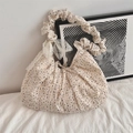 Floral print canvas tote bag in off-white with lace bow and pleated shoulder strap - Small Black Floral