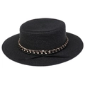 Dettaglio cappello di paglia nera intrecciata con catena dorata e nastro decorativo - Stile Fascia Decorativa con Catena Grossa (300M) / Nero