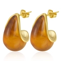 Elegant amber-colored teardrop resin earrings set in gold-finished stainless steel frames - No.2 Brown