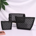 Set of 3 black mesh heart print cosmetic bags in various sizes for travel storage - 3-Piece Set (Black Heart) / Black Mesh Black Heart