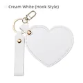Creamy white heart-shaped leather keychain mirror with golden metal hook and strap - Hook Style / White