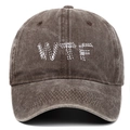 Macro detail of WTF embroidery on washed cotton vintage brown baseball cap - One Size / Coffee