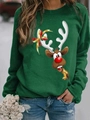 Detail view of forest green Christmas deer print on round neck long sleeve sweatshirt - S / Tops / Green