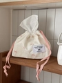 Minimalist cream cotton tissue box cover with pink bows and drawstring closure - Pink