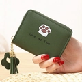 Mini portefeuille vert olive en simili cuir avec motif patte de chat et franges - Vert
