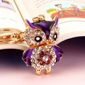 Golden owl keychain with purple crystals and enamel finish on a book background - Flower Owl Purple