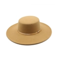 Classic khaki wool felt flat top boater hat with a gold metal belt buckle accent - M(56-58cm) / Camel
