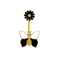 Gold butterfly belly ring with black enamel wings and sparkling zircon flower accents - Gold - Black Enamel Butterfly Rhinestone