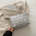 Chic silver quilted heart cosmetic bag with glossy metallic finish and zipper - Silver