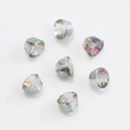 Macro detail of 8mm rainbow AB crystal bell beads with faceted cut and center hole - Rose Red Green
