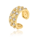 Ear cuff bicolore regolabile con zirconi a rombi e finitura dorata elegante - J1567-Anello largo con motivo a griglia