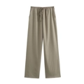 Women stylish khaki wide leg trousers with elastic drawstring waist and side pockets - S / Taupe Pants