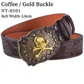 Detailed view of 3.8cm coffee leather belt featuring an embossed skull buckle - Coffee Gold Buckle (Skull)