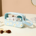 Light blue daisy makeup bag with PVC clear window and PU leather handle for travel - Small Daisy / Blue Floral Print