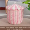 Pink and beige striped woven storage basket with star handle lid, 35.5cm diameter size - Beige Pink Large