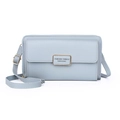 Light blue faux leather crossbody phone bag with gold logo and adjustable shoulder strap - Blue