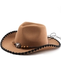 Brown Western cowboy hat with bull head emblem and embroidered shell edge detailing - M(56-58cm) / Khaki/Black Edge