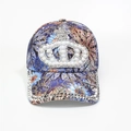 Floral baseball cap with a pearl crown patch and rhinestone brim in blue flower pattern - Adjustable / Blue Crown