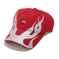 Detailed view of silver flame embroidery and FIRE label on a red vintage baseball cap - M (56-58cm) / Red