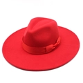 Close-up of red wide brim fedora hat with matching ribbon bow and classic C-crown - M / Red