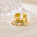 Detail of a gold wide-band adjustable ring with colorful natural stone charms on silk - R00900G (Smooth Wide Band + Pink Green White Multi-color Beads)