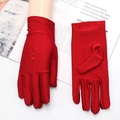 Elegant red satin sun protection gloves with delicate floral embroidery for women - Embroidery / Red