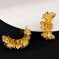 Exaggerated gold ginkgo leaf earrings with layered petal texture and metallic finish - Golden Pleated Layered Earrings