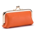 Mini orange genuine leather coin purse with elegant gold-tone metal kiss-lock closure - Orange