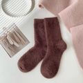 Thick brown mink velvet crew socks for women featuring a soft plush texture and heart embroidery - Solid Coffee