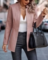 Detailed view of pink herringbone texture and tailored waist on a women's blazer - S / Pink