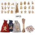 Christmas countdown set featuring 24 numbered wooden tags and colorful linen drawstring bags - Advent Calendar Style 14