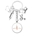 Doctor keychain with silver stethoscope, syringe charms and floral ECG glass pendant - ECG PQRST (32)