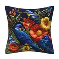 3D floral cushion cover with blue bird and red flower pattern on dark background - 18x18 Inch