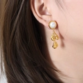 Baroque style gold-plated pearl drop earrings for women with metallic waterdrop pendants - Gold Earrings (F975)