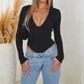 Top ajustado negro de manga larga con cuello en V profundo para mujer en punto de canalé - S / Negro
